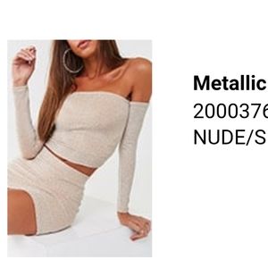 Nude sparkle metallic mini skirt top matching set